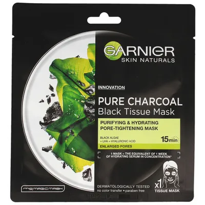 Garnier Pure Charcoal, Oczyszczająca maska na tkaninie z węglem i ekstraktem z czarnej algi (stara wersja)