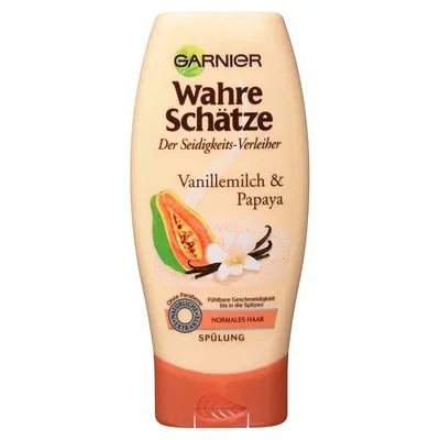 Garnier Wahre Schätze, Langhaar Schatz mit Vanillemilch & Papaya, Cremige Pflege Spülung, (Pielęgnująca odżywka do długich włosów `Mleczko waniliowe i papaja`)