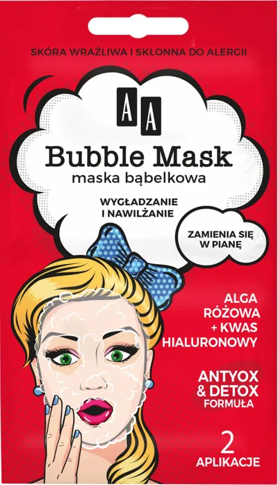 AA Bubble Mask, Maska bąbelkowa `Wygładzenie i nawilżenie alga różowa + kwas hialuronowy`