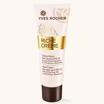 Yves Rocher Riche Creme, Hand Cream Anti-dark Spot SPF 20 (Wygładzający krem do rąk na plamy pigmentacyjne)