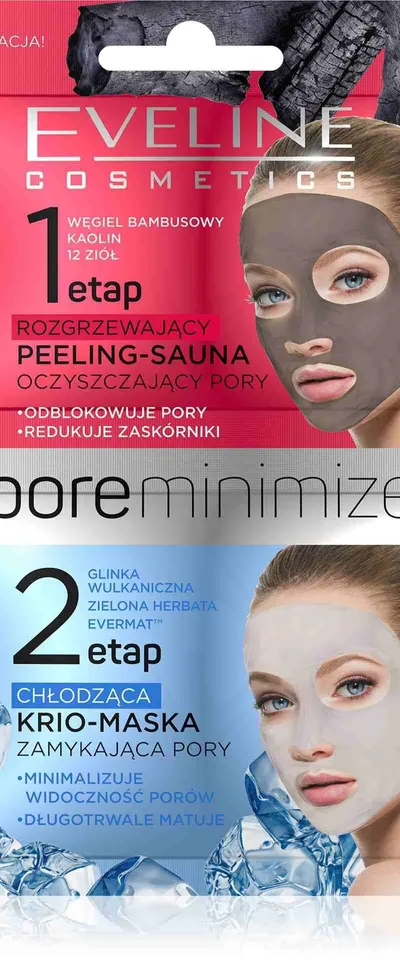 Eveline Cosmetics Pore Minimizer, Dwuetapowy zabieg redukujący widoczność porów rozgrzewający peeling-sauna + chłodząca krio-maska