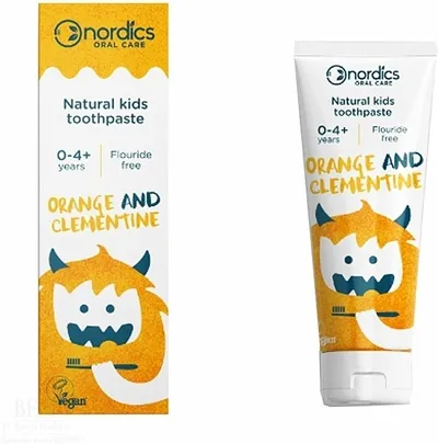 Nordics Oral Care, Natural Kids Toothpaste Orange and Clementine (Ekologiczna pasta do zębów dla dzieci (0-4) pomarańcza i klementynka bez fluoru i z wapniem , rumiankiem i witaminą B12)