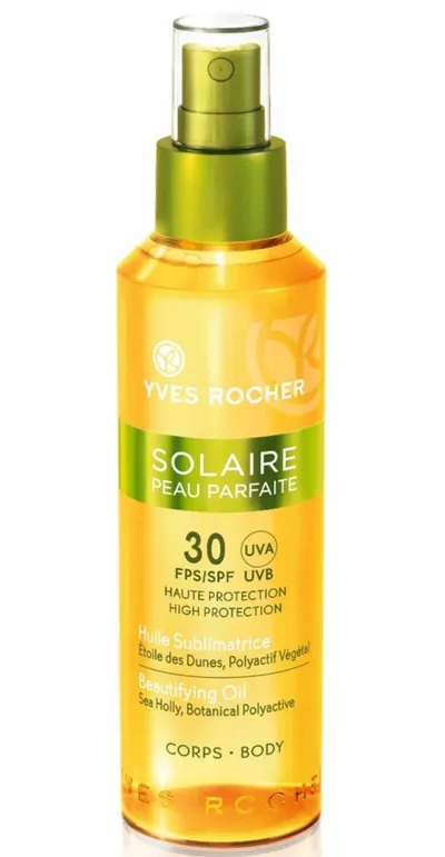 Yves Rocher Solaire Peau Parfaite, Huile Sublimatrice SPF 30 (Olejek do opalania z wyciągiem z mikołajka nadmorskiego)