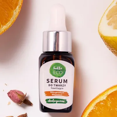 Hello Eco Serum do twarzy nawilżające wyrównujące koloryt `Róża geranium, witamina C, kwas PHA`