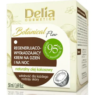 Delia Botanical Flow, Regenerująco-wygładzający krem na dzień i na noc z naturalnym olejem kokosowym