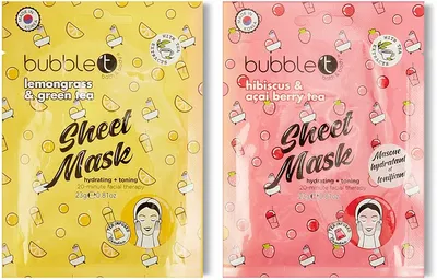 Bubble T Cosmetics Face Sheet Mask Duo Lemongrass & Green Tea and Hibiscus & Acai Berry Tea (Podwójna maseczka w płachcie do twarzy)