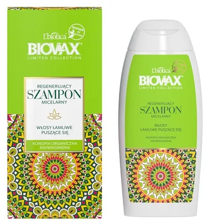 L'biotica Biovax Limited Collection, Konopia organiczna & ashwagandha, Regenerujący szampon micelarny do włosów łamliwych i puszących się