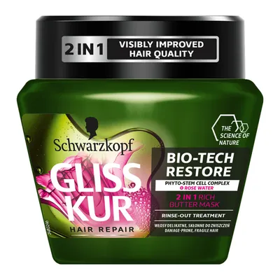 Schwarzkopf Gliss Kur Bio-Tech Restore, 2 in 1 Rich Butter Mask (Regenerująca maska do włosów delikatnych, skłonnych do zniszczeń)