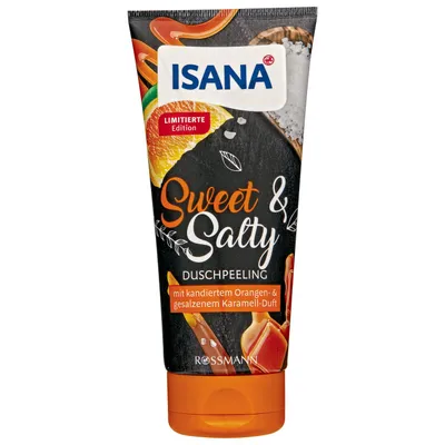 Isana Sweet & Salty, Duschpeeling mit kandierten Orangen- & gesalzenem Karamell-Duft (Peeling pod prysznic o zapachu kandyzowanych pomarańczy i solonego karmelu)