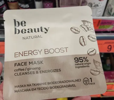 bebeauty Natural, Energetyzująca maska do twarzy na tkaninie biodegradowalnej `Energy Boost - kawa i żeń szeń`