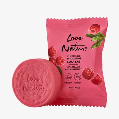 Oriflame Love Nature, Energising Exfoliating Soap Bar with Mint & Raspberry (Złuszczające mydło z organiczną miętą i maliną)