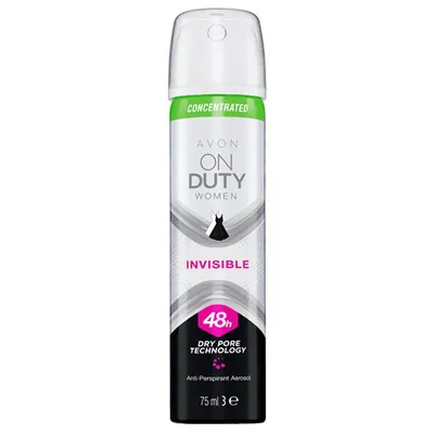 Avon On Duty Women, Invisible Anti- Perspirant Aerosol 48h (Skoncentrowany antyperspirant w sprayu dla niej `Ochrona bez plam`)