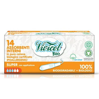 Vivicot Bio Absorbenti Interni Super con Applicatore (Tampony higieniczne z aplikatorem z organicznej bawełny niebielone chlorem kompostowalne)