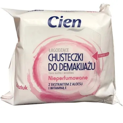 Cien Łagodzące chusteczki do demakijażu do cery suchej i wrażliwej nieperfumowane z ekstraktem z aloesu i wit. E