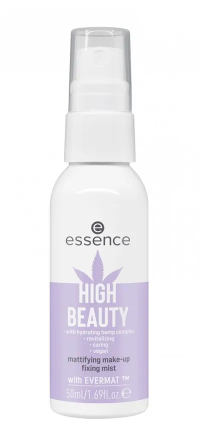 Essence High Beauty, Mattifying Make-up Fixing Mist (Matująca mgiełka utrwalająca makijaż z wyciągiem z konopii)