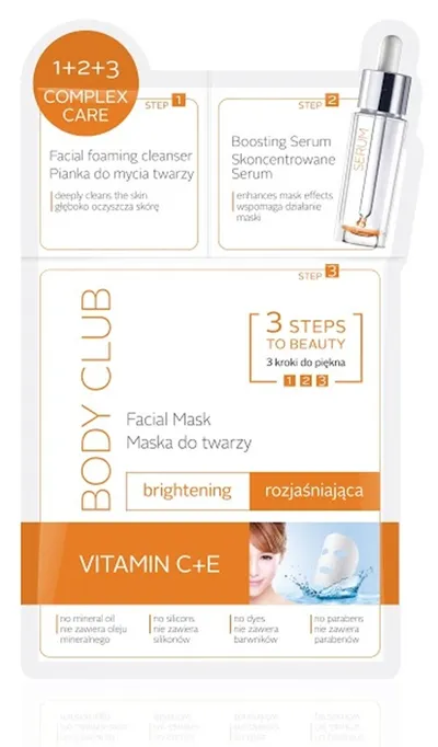 Body Club 3 Steps to Beauty 1 + 2 + 3 Complex Care, Brightening Facial Mask Vitamin C + E (3 kroki do piękna, Rozjaśniająca maska do twarzy)