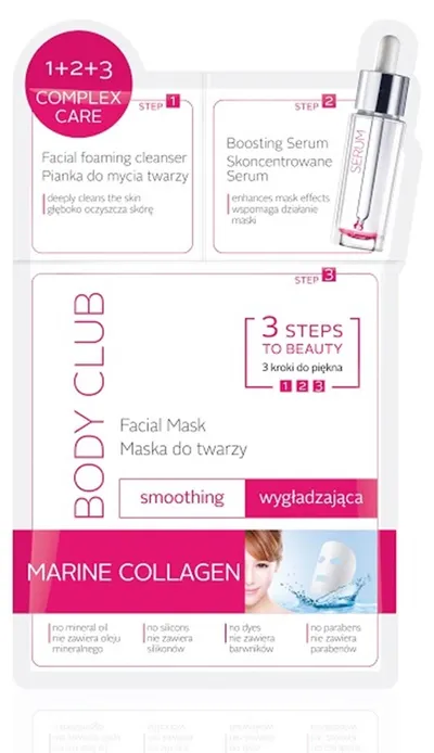 Body Club 3 Steps to Beauty 1 + 2 + 3 Complex Care,  Smoothing Facial Mask Marine Collagen (3 kroki do piękna, Wygładzająca maska do twarzy)