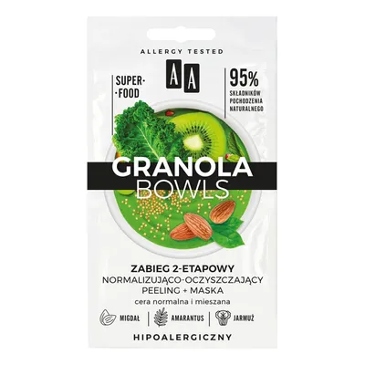 AA Granola Bowls, Zabieg 2-etapowy normalizująco-oczyszczający peeling + maska cera normalna i mieszana