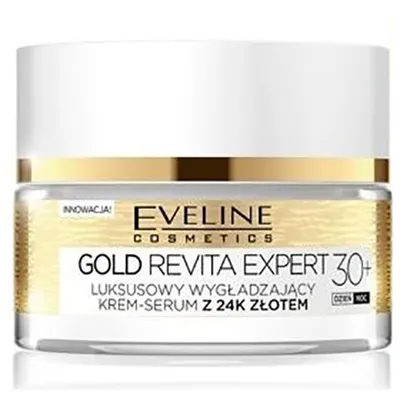Eveline Cosmetics Gold Revita Expert, Wygładzający luksusowy krem-serum z 24K złotem na dzień i na noc 30+