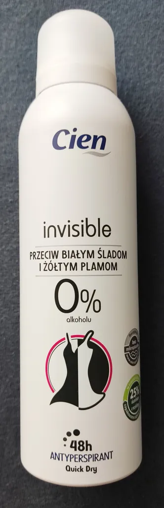 Cien Invisible Quick Dry, Antyperspirant przeciw białym śladom i żółtym plamom 0% alkoholu