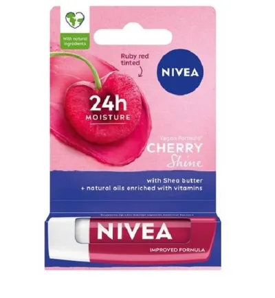 Nivea Cherry Shine, 24h Moisture Improved Formula Vegan (Pielęgnująca pomadka do ust (nowa wersja))