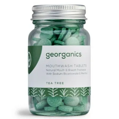 Georganics Mouthwash Tablets Natural Mouth & Breath Freshener with Sodium Bicarbonate & Menthol Tea Tree (Mineralne tabletki do płukania jamy ustnej `Drzewo herbaciane`)