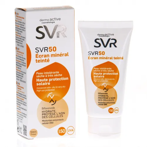 SVR Ecran Mineral Teinte SPF 50 - wysoka ochrona (Krem tonujący z filtrami mineralnymi SPF 50 dla skóry suchej i bardzo suchej)