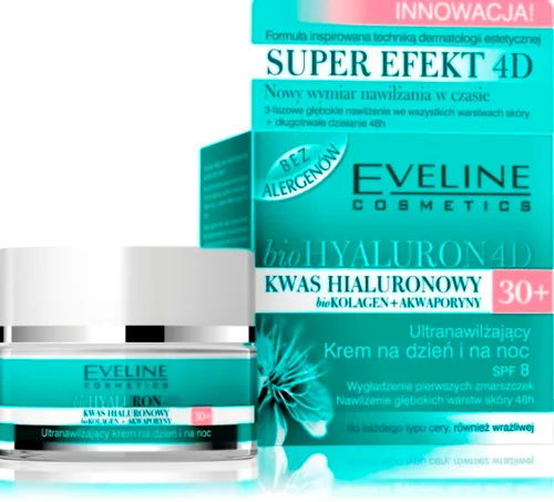 Eveline Cosmetics Bio Hyaluron 4D, Ultranawilżający krem na dzień i na noc 30+ SPF 8 do każdego typu cery