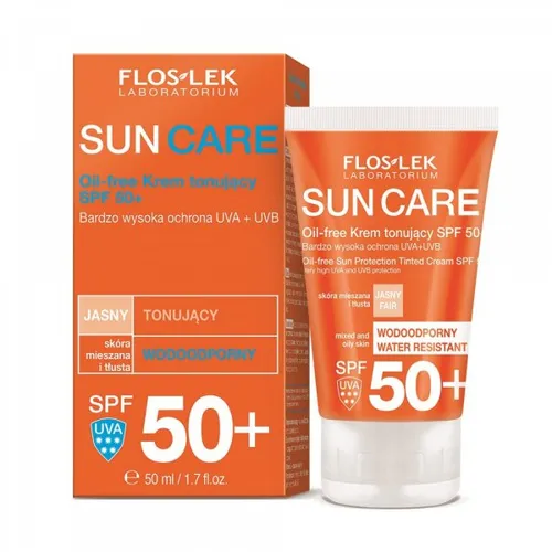 Floslek Sun care, Oil-free krem tonujący wodoodporny  SPF 50+ skóra tłusta i mieszana