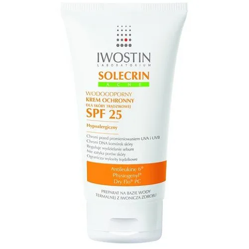 Iwostin Solecrin Acne SPF 25, Wodoodporny krem ochronny dla skóry trądzikowej - średnia ochrona