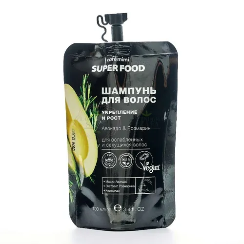 Cafe Mimi Superfood,  Szampon do włosów `Wzmocnienie i wzrost - awokado i rozmaryn`
