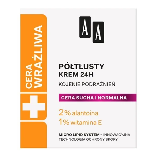 AA Cera wrażliwa, Krem półtłusty 24 H cera sucha i normalna `Kojenie podrażnień` (nowa wersja)