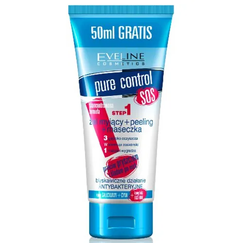 Eveline Cosmetics Pure Control S.O.S, Żel myjący + peeling + maseczka 3 w 1 przeciw pryszczom i śladom po nich