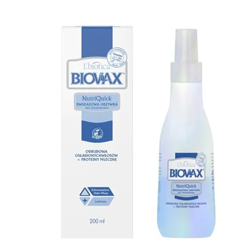L'biotica Biovax NutriQuick, Dwufazowa odżywka bez spłukiwania do osłabionych włosów z proteinami mlecznymi