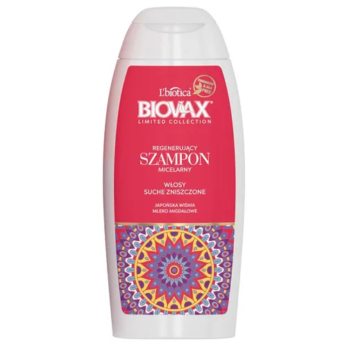 L'biotica Biovax Limited Collection, Japońska Wiśnia i Mleko Migdałowe, Regenerujący szampon do włosów suchych i zniszczonych