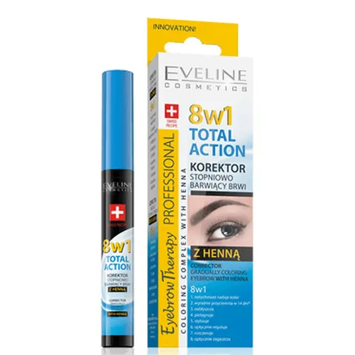 Eveline Cosmetics Total Action, Korektor stopniowo barwiący brwi z henną 8 w 1