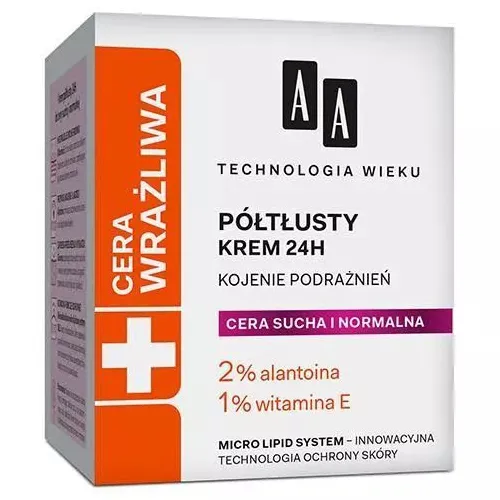 AA Technologia Wieku Wrażliwa Cera, Półtłusty krem 24H  do cery suchej i normalnej `Kojenie podrażnień` (stara wersja)