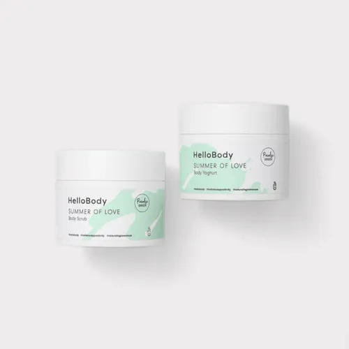 HelloBody Summer of Love, Body Yoghurt & Body Scrub Cotton Candy (Rajski zielony jogurt i peeling do ciała)