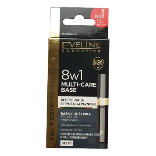 Eveline Cosmetics Nail Therapy Professional, Baza + odżywka do paznokci pod lakier hybrydowy 8 w 1  `Multi-care Base`