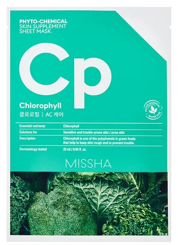 Missha Phytochemical Skin Supplement, Sheet Mask CP Chlorophyll/Ac Care (Kojąca maska w płacie)