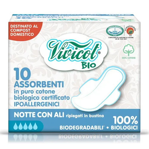 Vivicot Bio Podpaski na noc ze skrzydełkami z organicznej bawełny niebielone chlorem kompostowalne