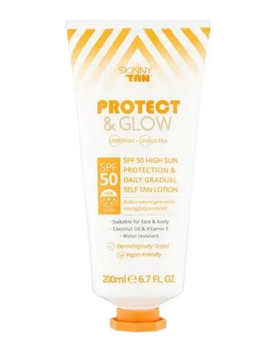 Skinny Tan Protect & Glow SPF50 High Sun Protection & Daily Gradual Self Tan Lotion (Ochronny balsam stopniowo samoopalający do twarzy i ciała SPF50)