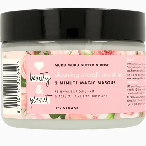 Love Beauty and Planet Blooming Colour, 2-Minute Magic Masque (Maska do włosów  pozbawionych blasku z masłem muru muru i olejkiem różanym) - 1