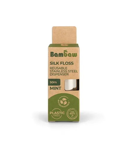 Bambaw Silk Floss Reusable Stainless Steel Dispenser (Jedwabna nić dentystyczna z dozownikiem ze stali nierdzewnej)