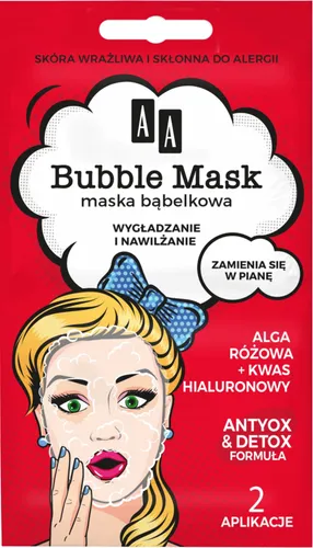 AA Bubble Mask, Maska bąbelkowa `Wygładzenie i nawilżenie alga różowa + kwas hialuronowy`