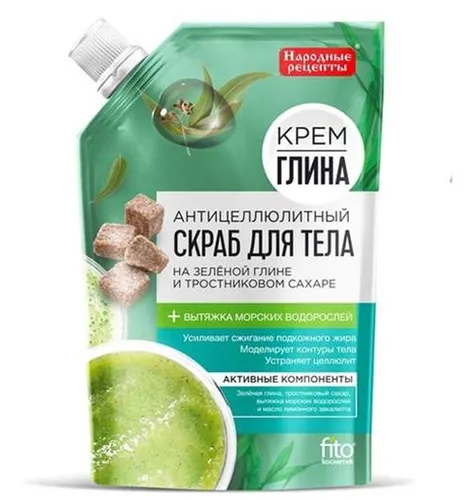 Fitokosmetik Krem - glina, Antycellulitowy peeling do ciała na bazie zielonej gliny i cukru trzcinowego