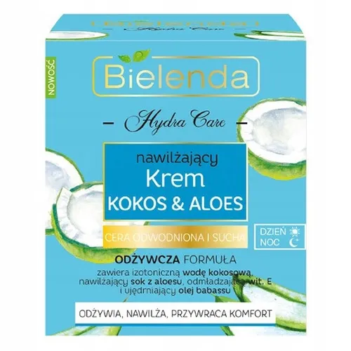 Bielenda Hydra Care, Kokos & Aloes, Nawilżający krem na dzień i na noc do cery suchej i odwodnionej