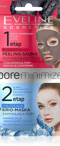 Eveline Cosmetics Pore Minimizer, Dwuetapowy zabieg redukujący widoczność porów rozgrzewający peeling-sauna + chłodząca krio-maska