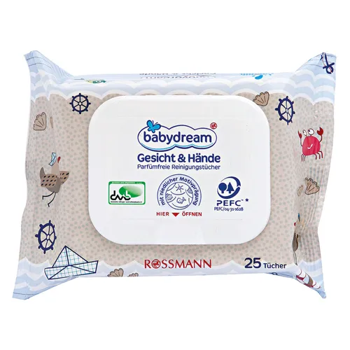 Babydream Gesicht & Hände Parfümfreie Reinigungstücher (Nieperfumowane chusteczki pielęgnacyjne do twarzy i rąk)