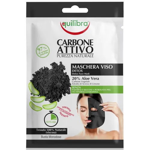 Equilibra Carbone Attivo Maschera Viso Detox 20% Aloe Vera (Oczyszczająca maska w płachcie do twarzy z aktywnym węglem)